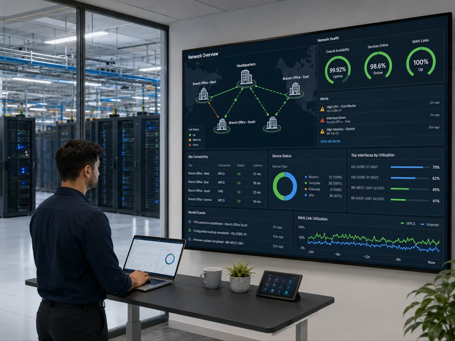 Network monitoring dashboard for routers switches WAN links and alerts