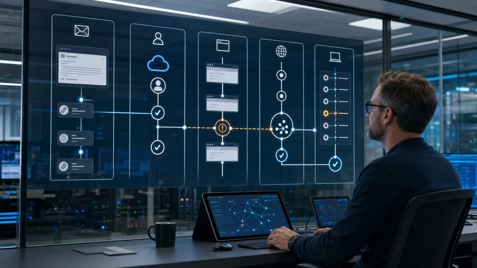 Security investigation correlating an email link, cloud application identity, browser redirect, and endpoint process across a realistic enterprise network