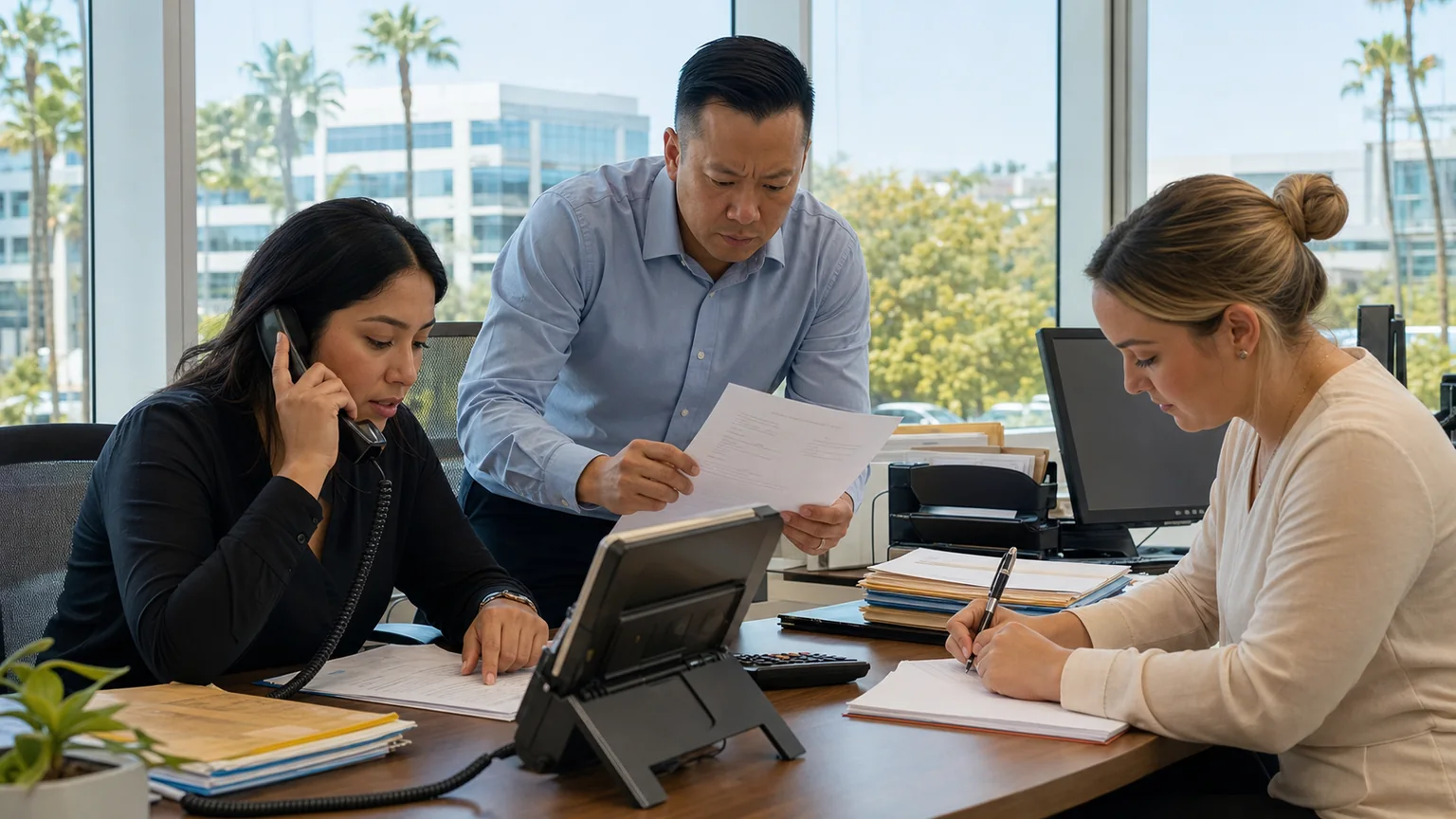 Finance staff in an Orange County office independently verifying a payment change by phone, paper records, and dual approval