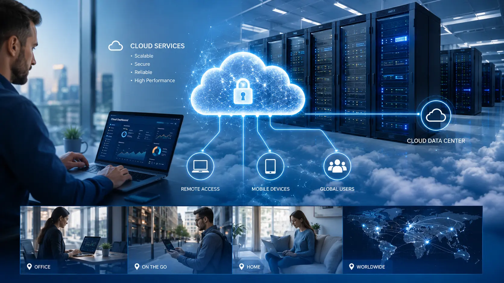 Remote Workforce Security Check 1 Remote workforce cloud services and secure access illustration