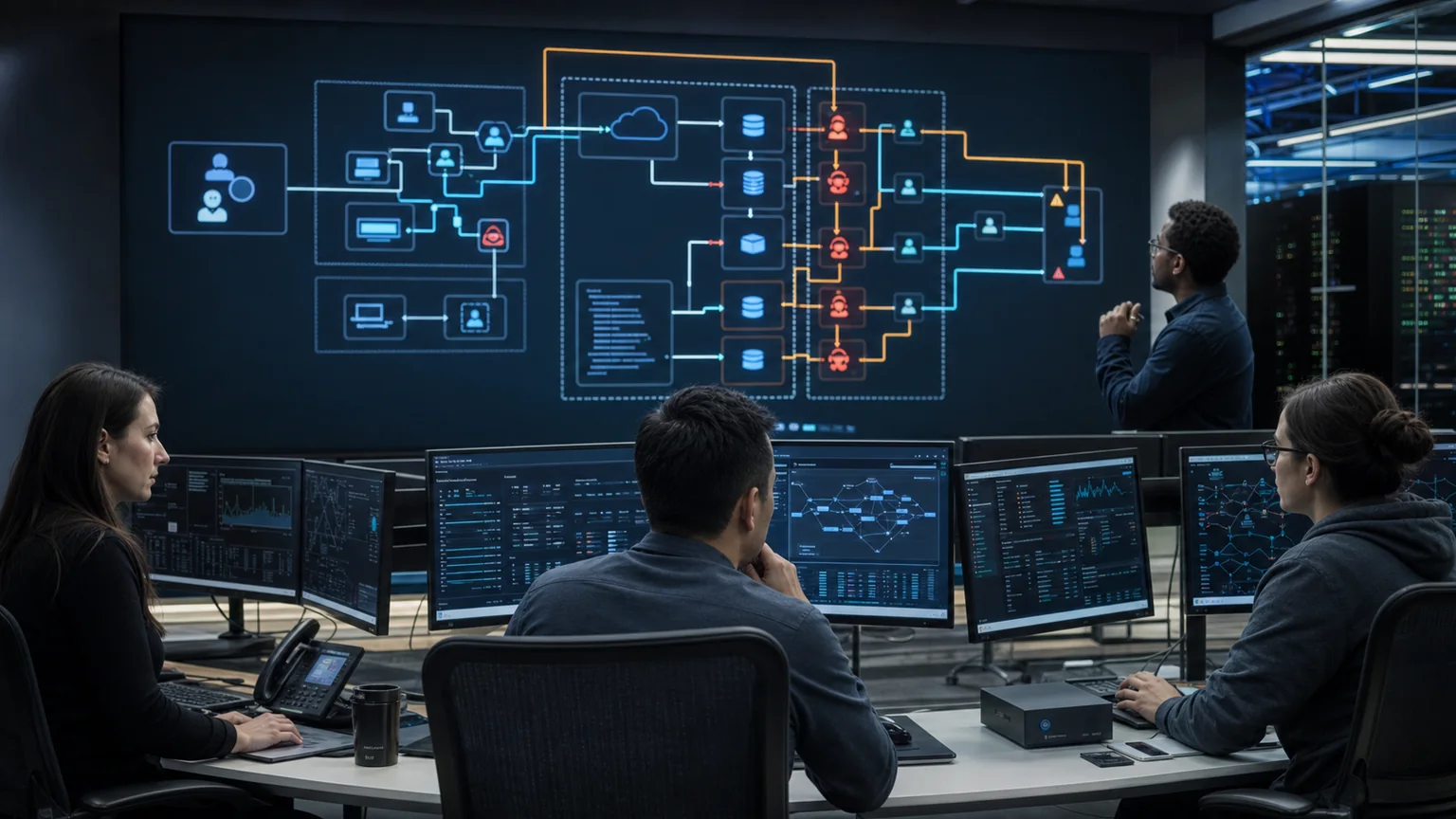Cloud security operations team correlating identity recovery, Microsoft 365, Azure resources, secrets, network changes, and virtual-machine activity