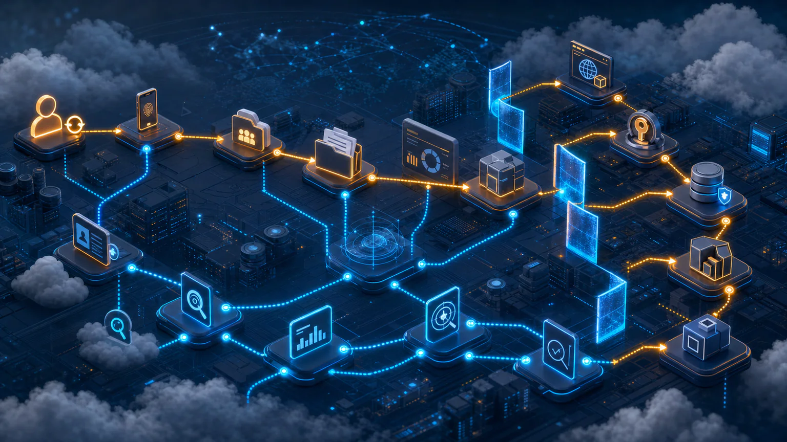 Cloud attack path connecting identity reset, Microsoft 365, Azure management operations, Key Vault, App Service, Storage, SQL, and virtual machines with defensive telemetry