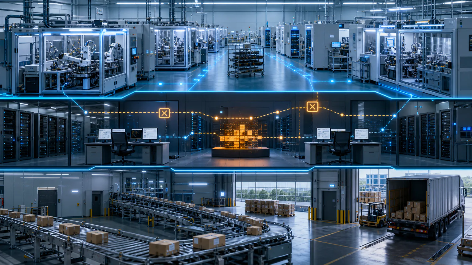 Medical-device manufacturing, ordering, and distribution systems shown as separate operational zones during a contained cybersecurity disruption