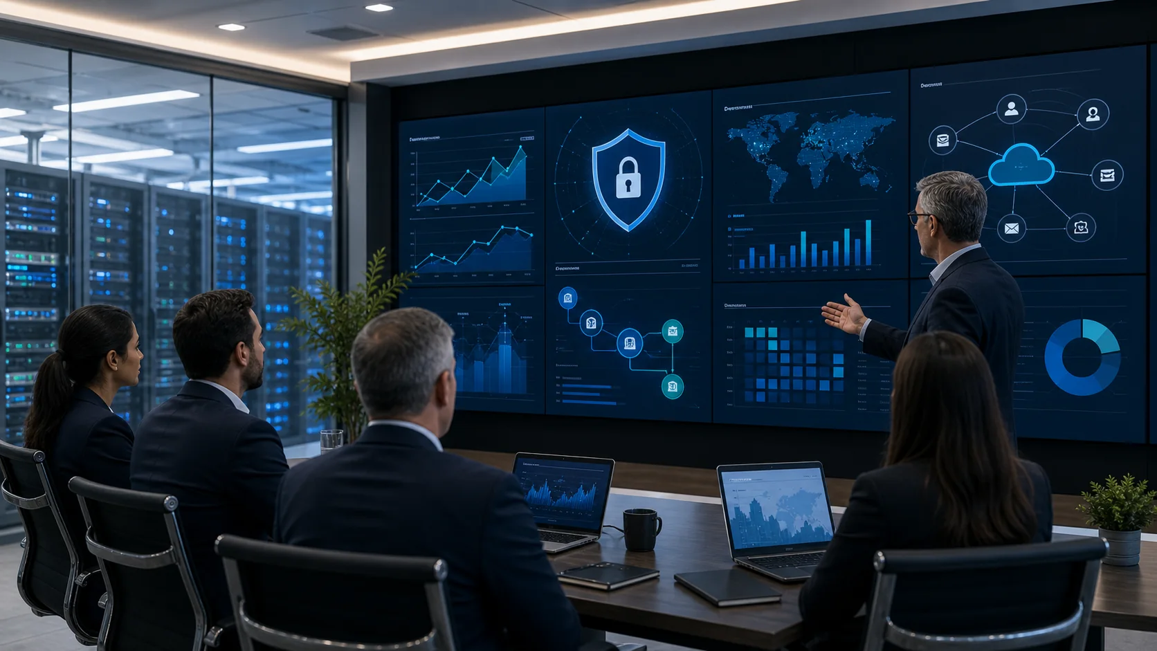 Virtual CISO executive cybersecurity leadership meeting with governance dashboard and risk roadmap