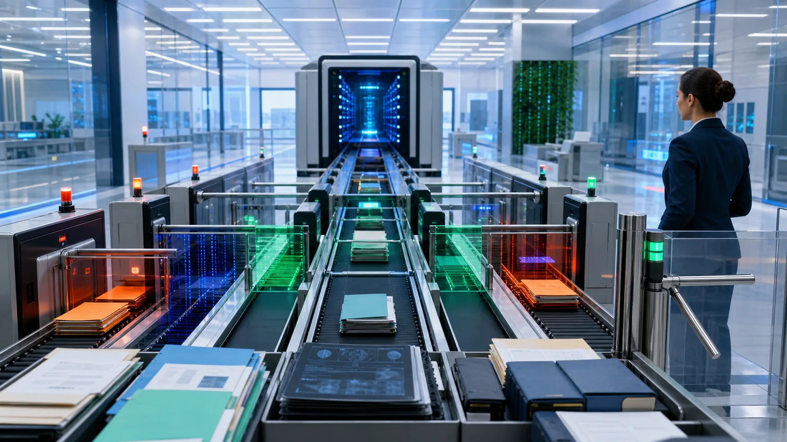 Business records passing through classification, restriction, managed AI processing, and human approval control stages