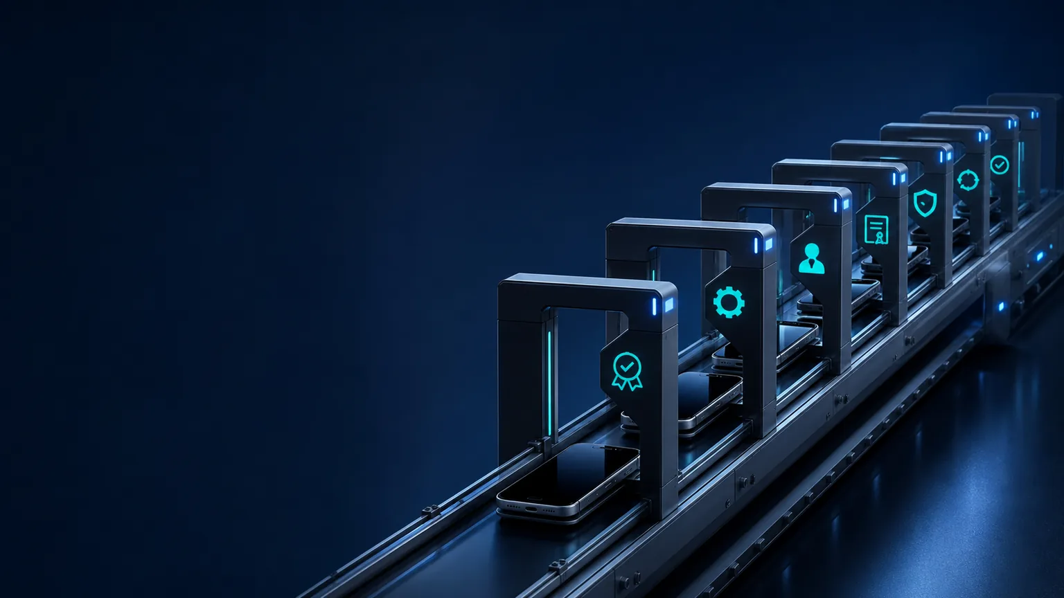 Business iPhones moving through controlled enrollment, supervision, identity, certificate, policy, and compliance validation stages