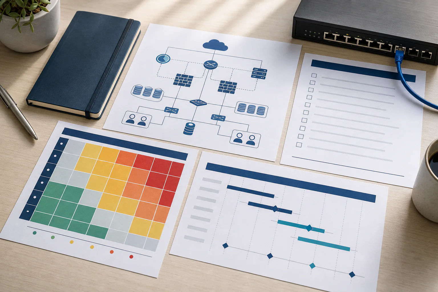 Contact 1 Cybersecurity consultation briefing with network architecture, compliance checklist, risk matrix, remediation timeline, and firewall appliance