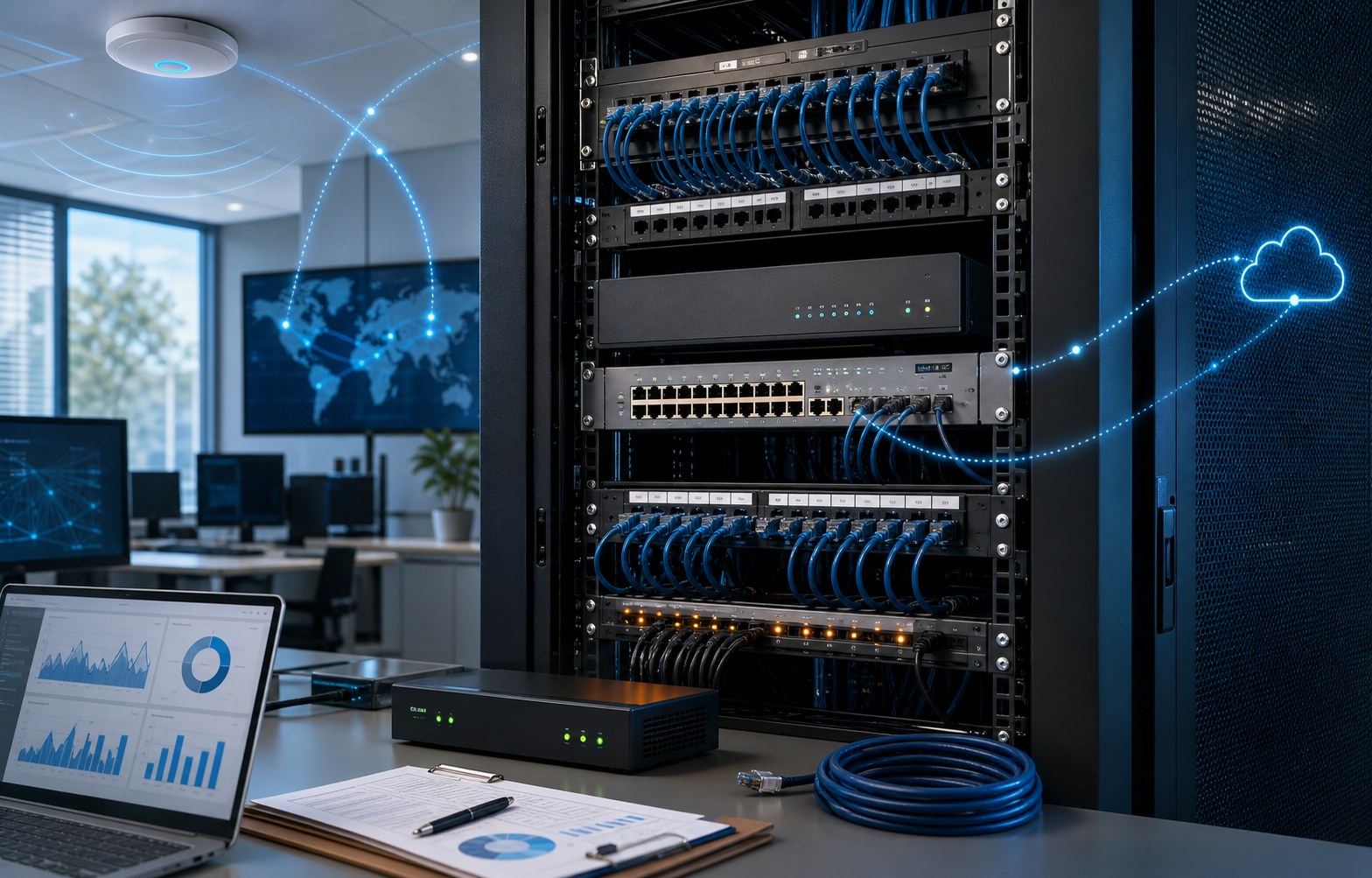 Network Security Audit Pricing 1 Business network rack with firewall, managed switches, wireless access point, audit workstation, and organized network cabling