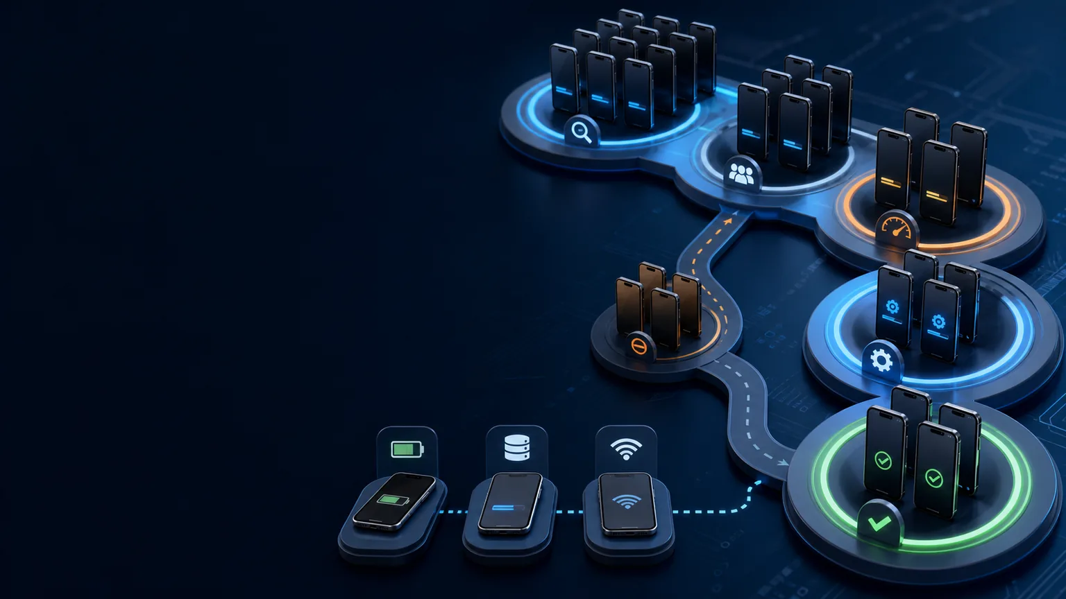 Business iPhone fleet advancing through staged software update rings, security deadlines, compliance telemetry, and controlled exception lanes