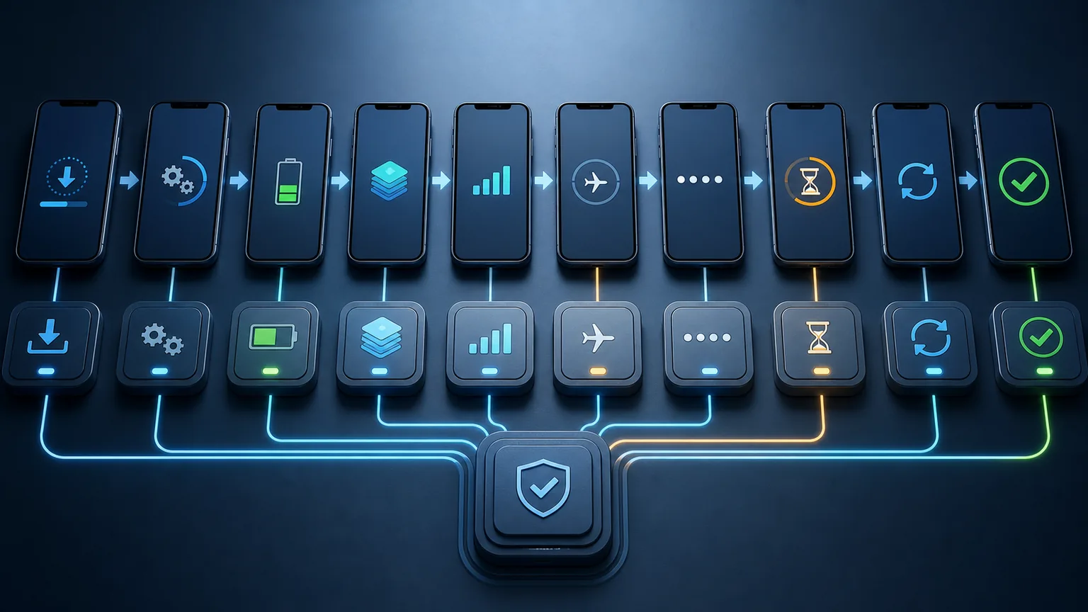 Software update operations showing download, battery, storage, offline device, passcode, enforcement, and verified completion states
