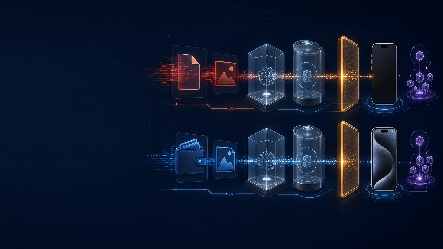 Timeline from malicious document and image processing to wallet attachment delivery surrounded by stronger isolation, updates, notifications, and Lockdown Mode defenses