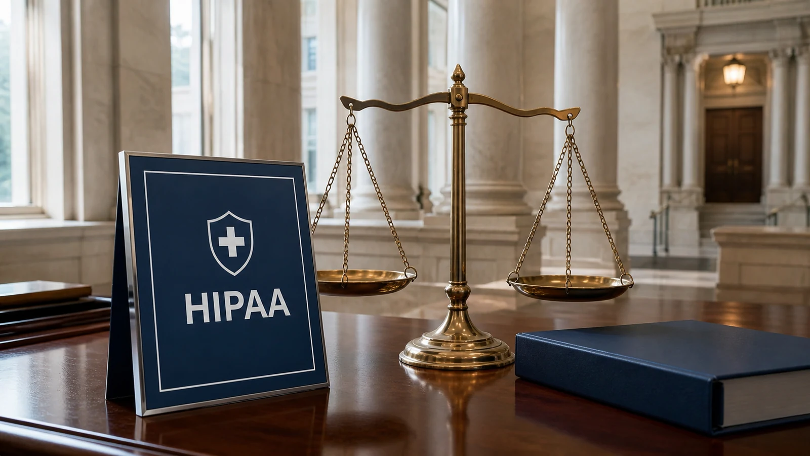 Realistic brass scales of justice beside a blue HIPAA compliance sign in a courthouse setting