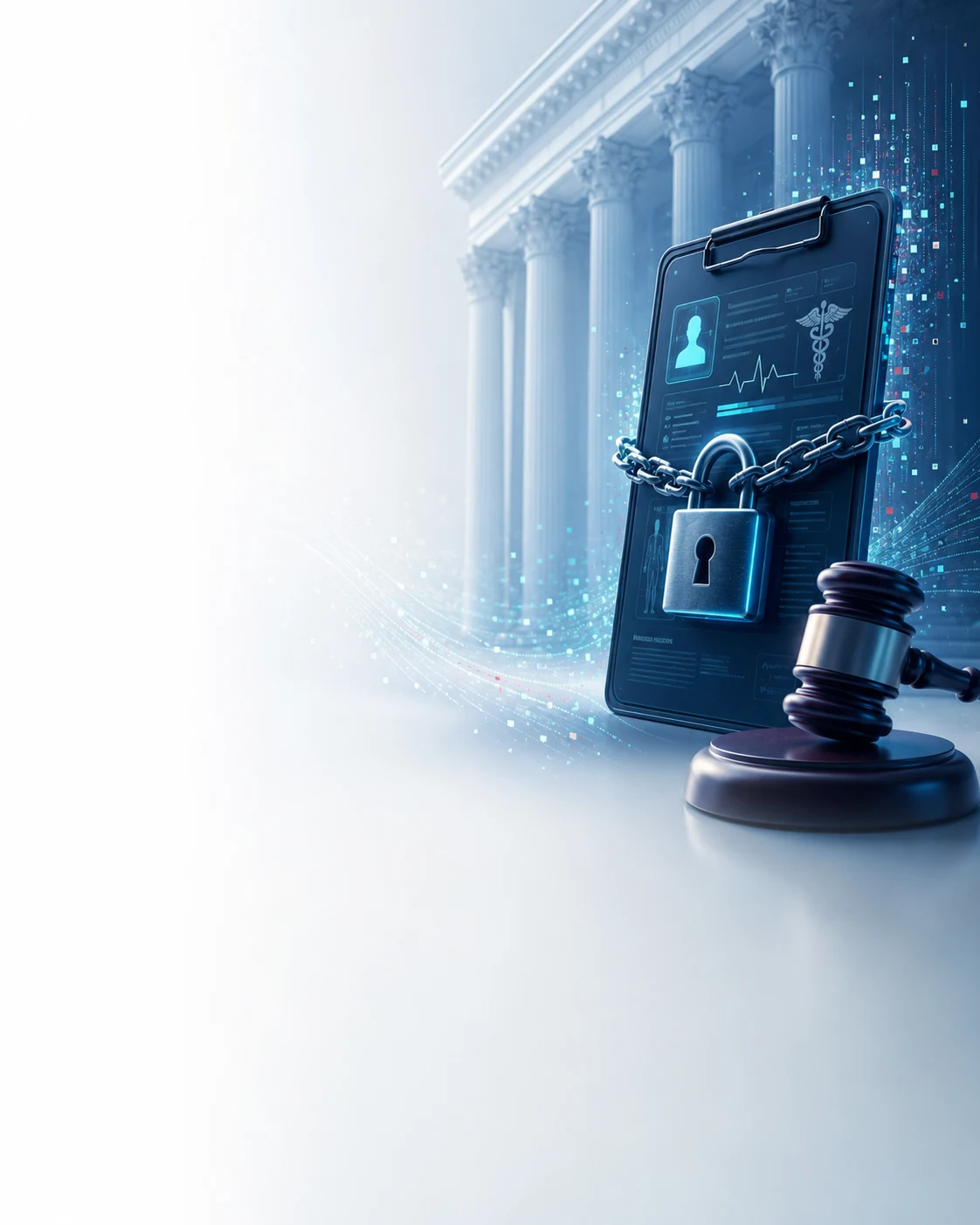 Secured electronic medical record, courthouse columns, chain, lock, and gavel from the HIPAA Criminal Penalties guide