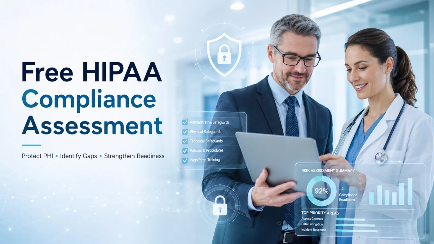 2-Minute HIPAA Readiness Quick Check 1 HIPAA security readiness assessment graphic with healthcare professionals, a checklist, and a readiness score