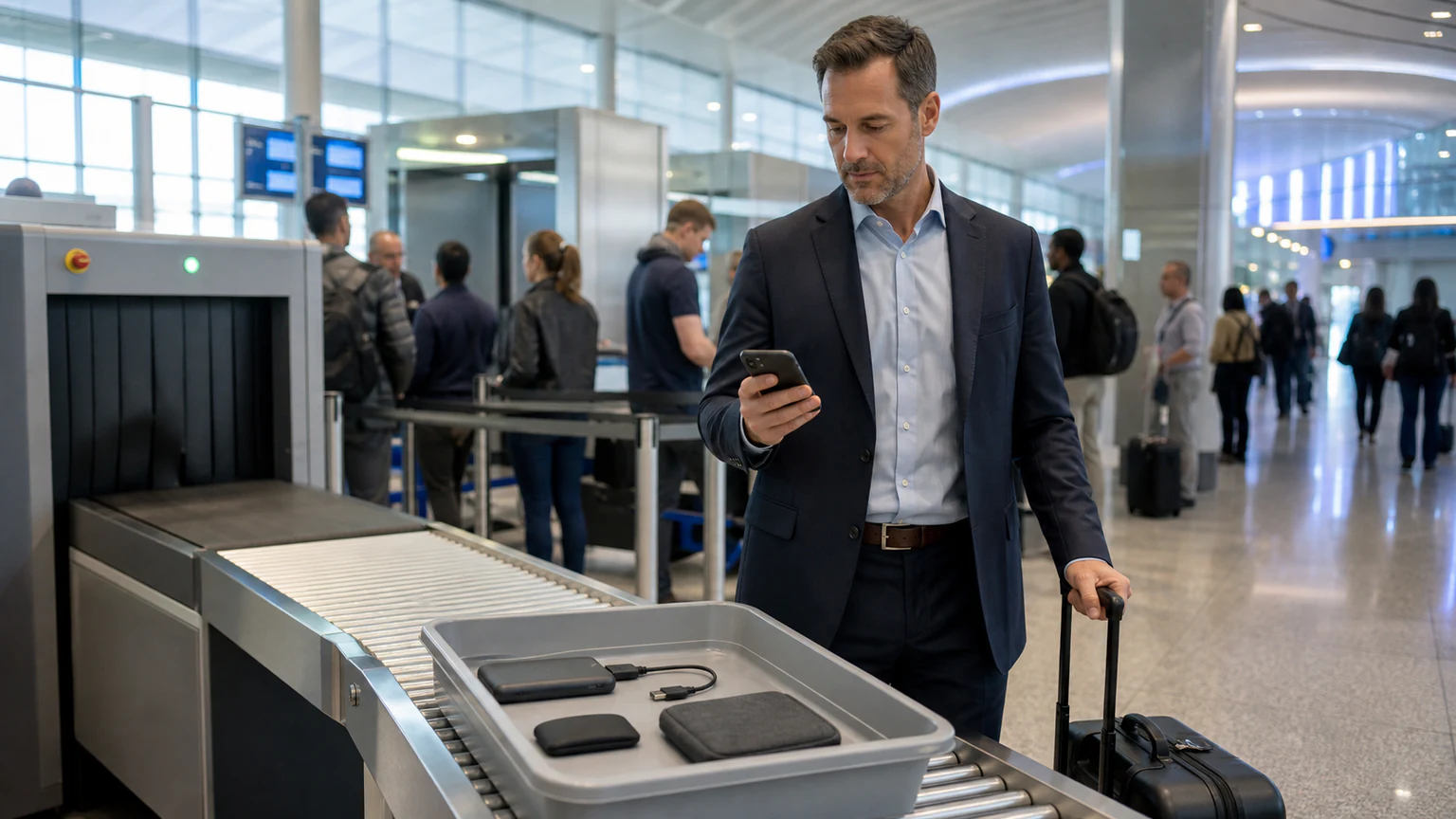 Business traveler maintaining physical control of a smartphone, carry-on, and minimal charging kit while moving through an airport security checkpoint