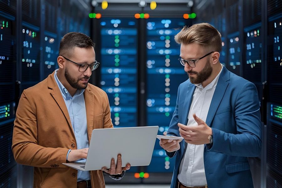 IT team in a data center, compliance for manufacturing