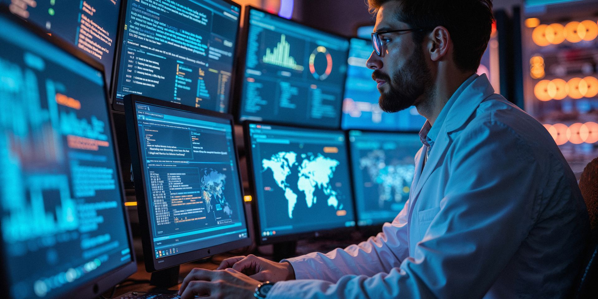 Security analyst reviewing device compliance on multiple screens