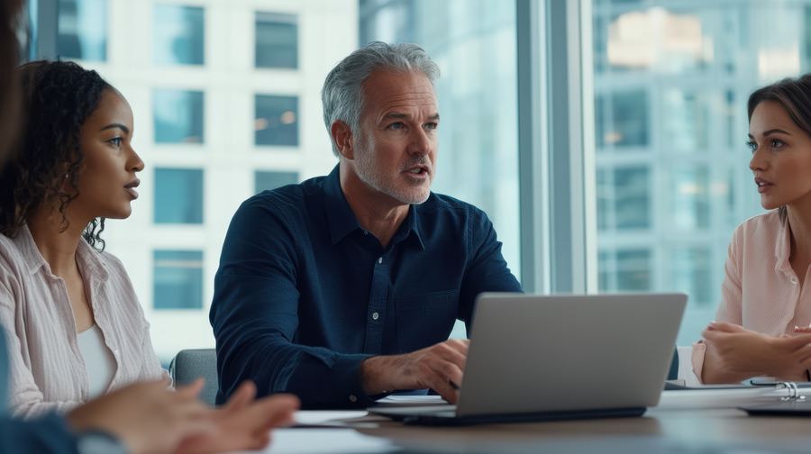 Business meeting reviewing NIST cybersecurity framework controls