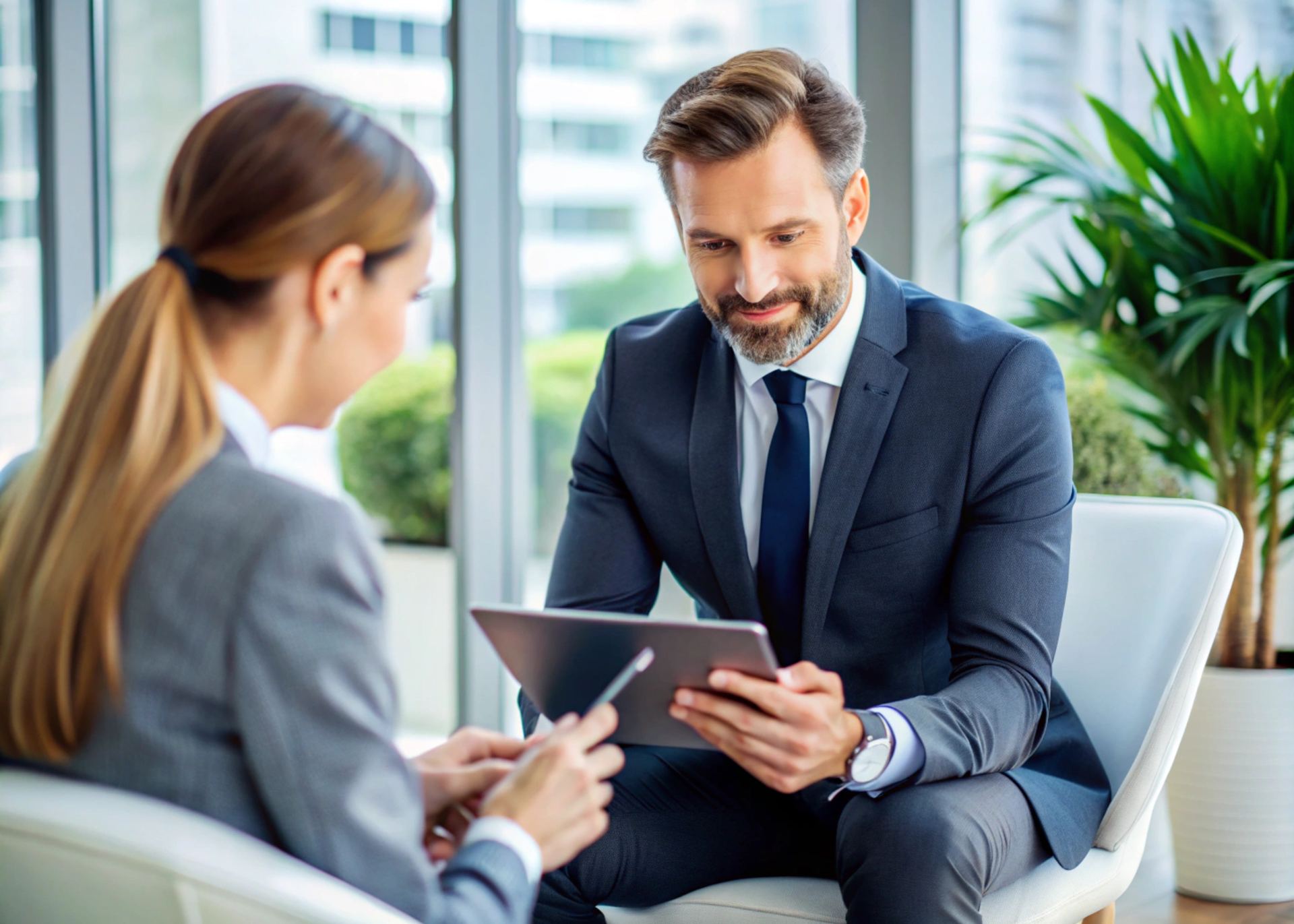 Consultant reviewing Microsoft 365 security results with a client on a tablet