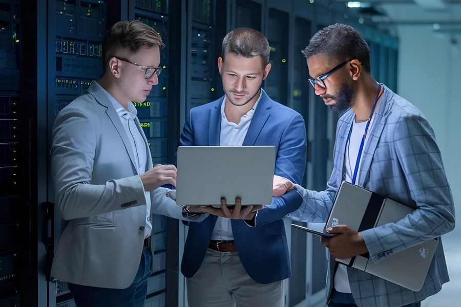 Three engineers reviewing assessment results on a laptop in a server room