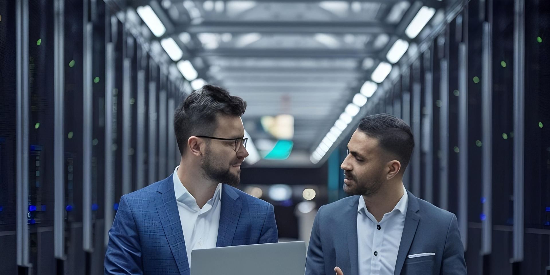 Two consultants in a data center discussing a read-only privacy review