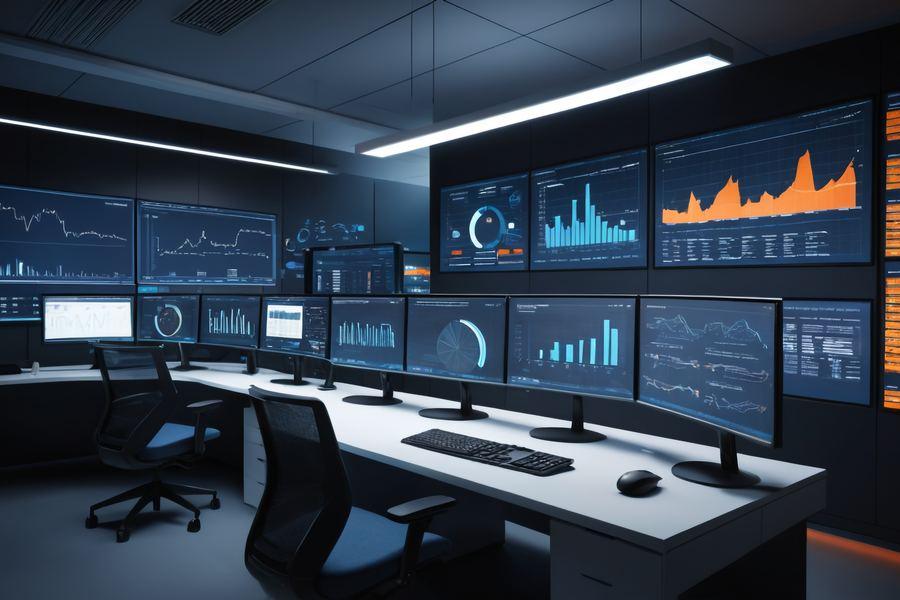 Security operations room with monitoring dashboards