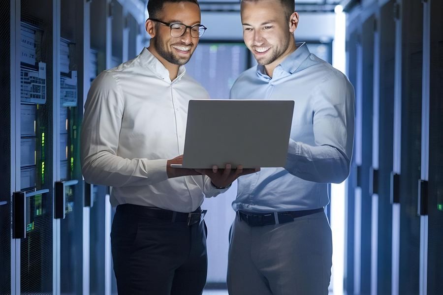 Two administrators reviewing a report on a laptop in a server aisle
