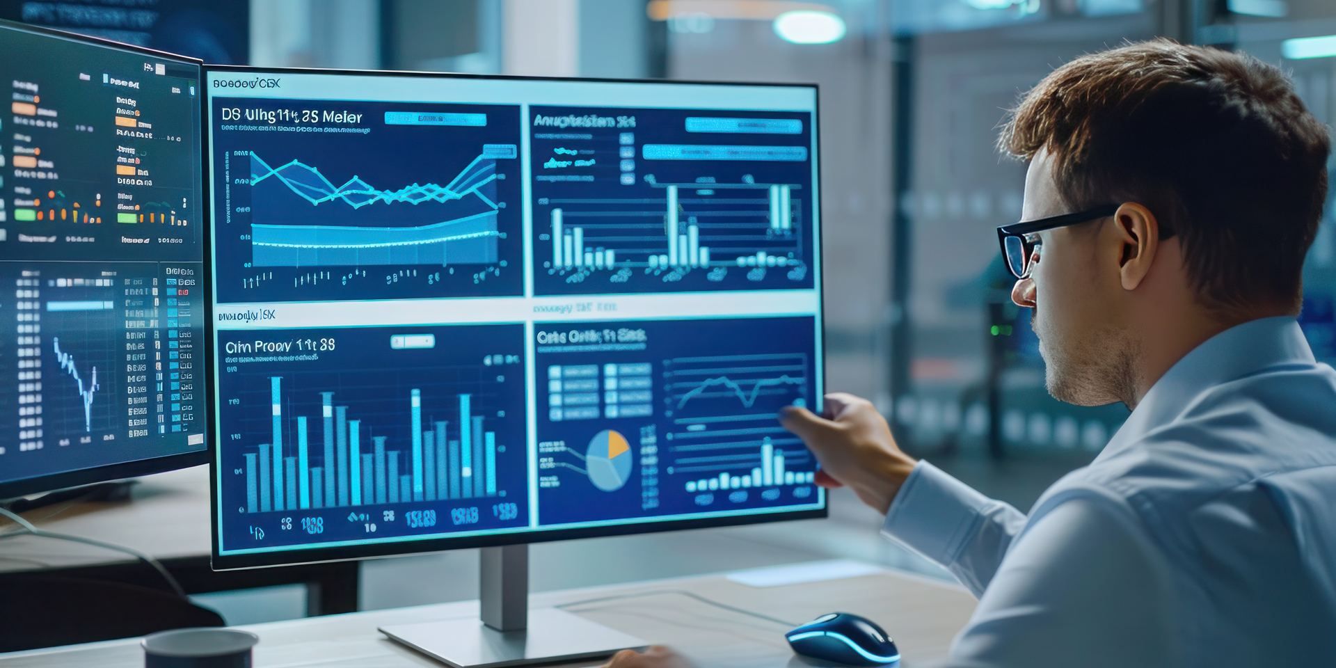 Analyst reviewing assessment dashboards on large monitors